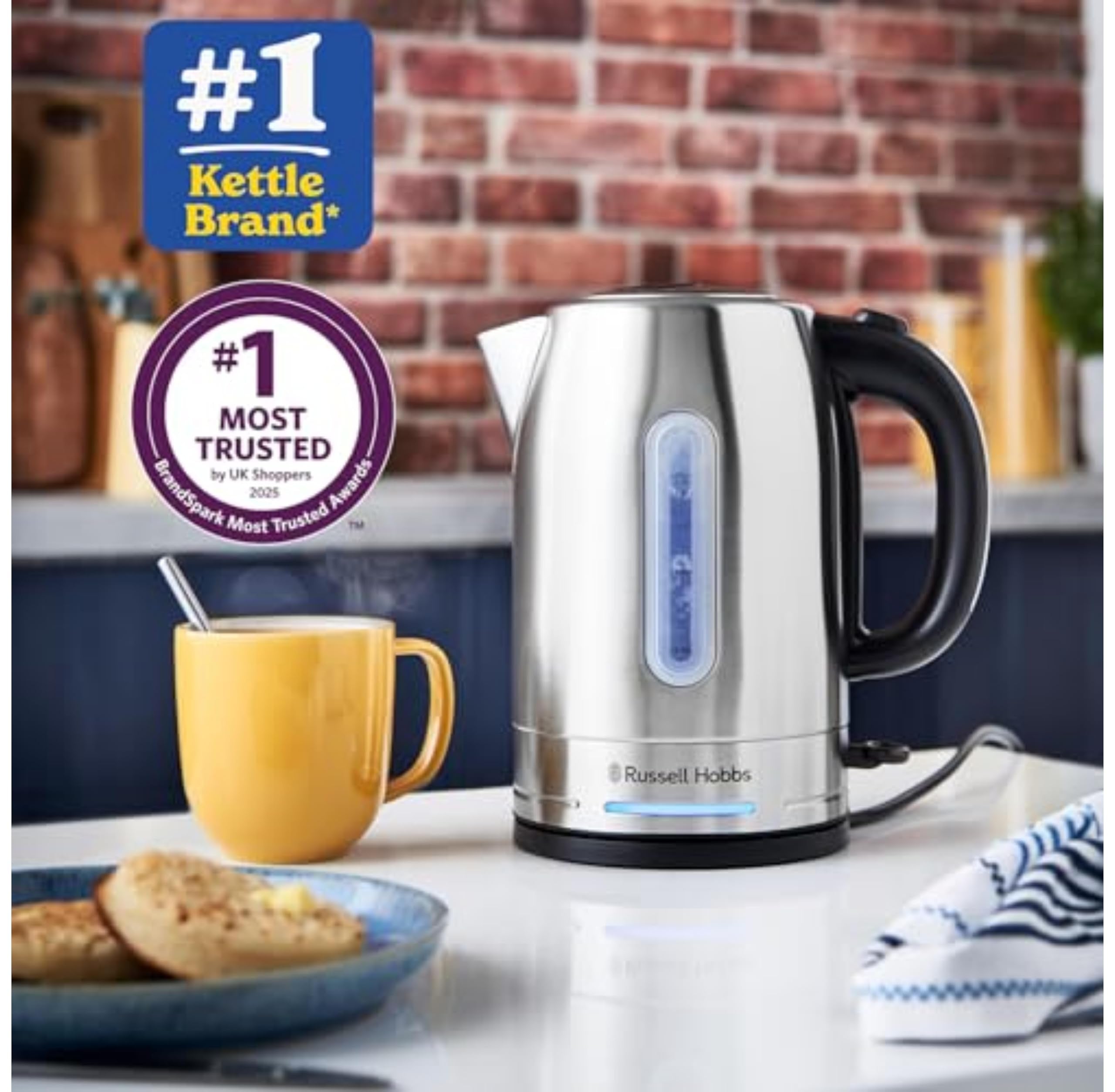 Russell Hobbs Brushed Stainless Steel Electric 1.7L Cordless Kettle (Quiet & Fast Boil 3KW, Removable washable anti-scale filter, Push button lid, Perfect pour spout) 20460