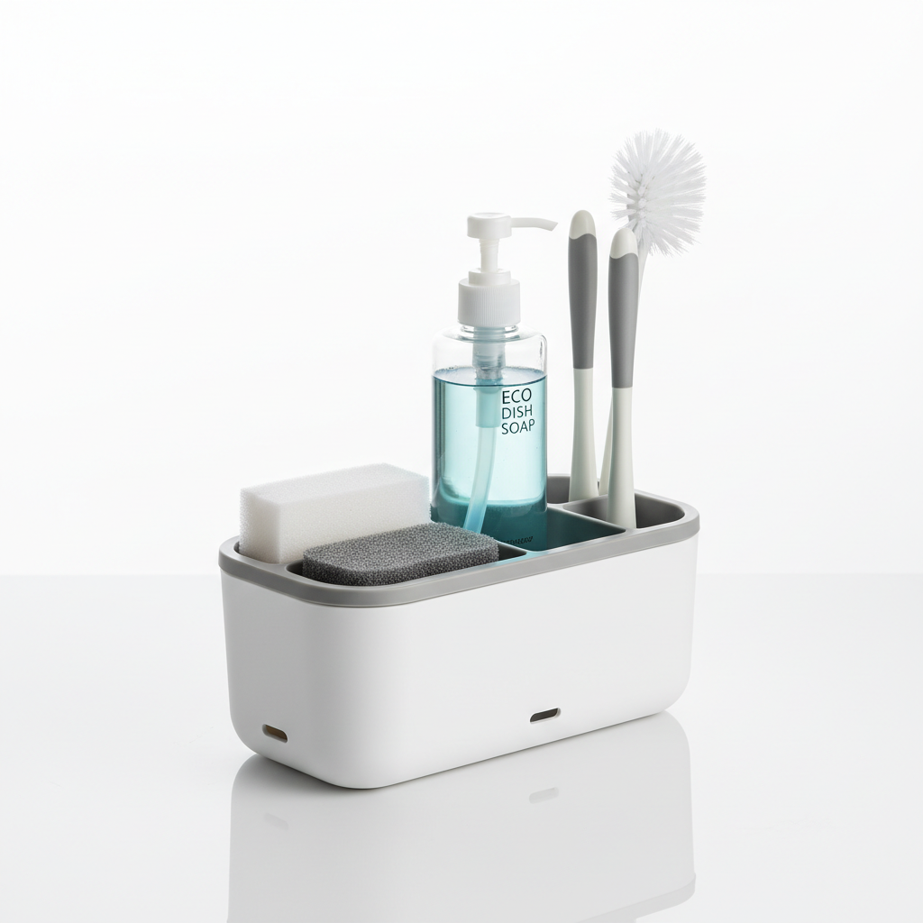 Kitchen sink organiser with sponges and cleaning supplies