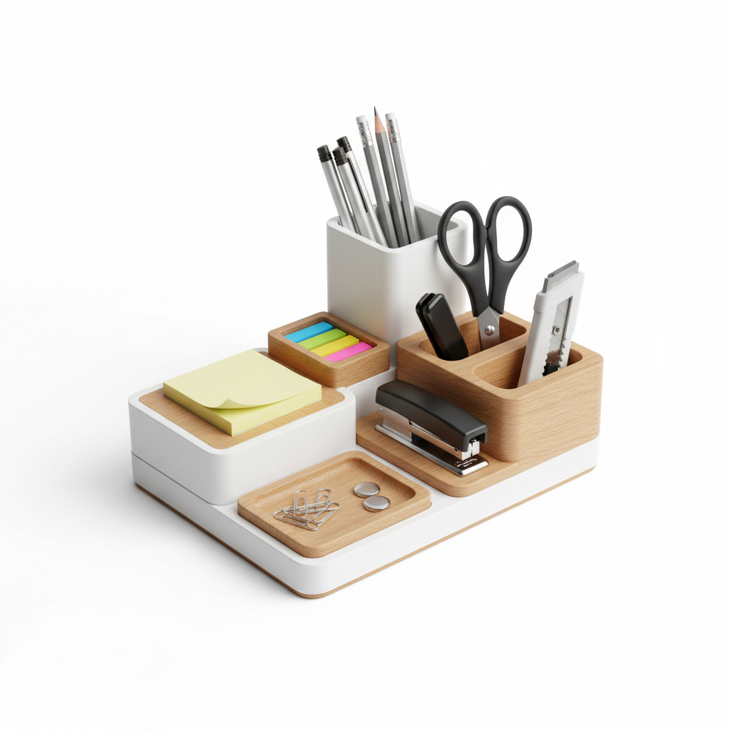 Desk organiser with office supplies