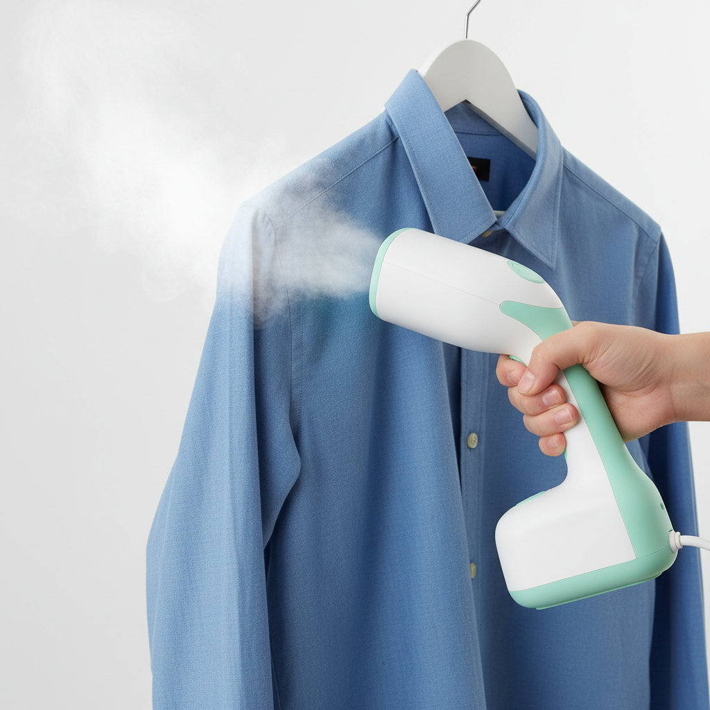 Portable fabric steamer removing wrinkles from shirt